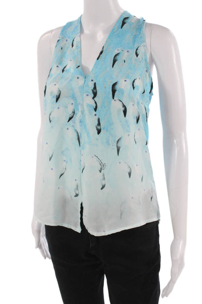 RaMona LaRue Women Light Blue V-Neck Sleeveless Tank Bird Print Crepe Size S