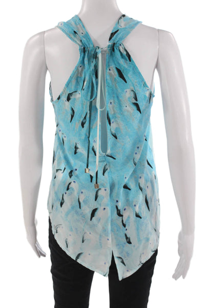 RaMona LaRue Women Light Blue V-Neck Sleeveless Tank Bird Print Crepe Size S