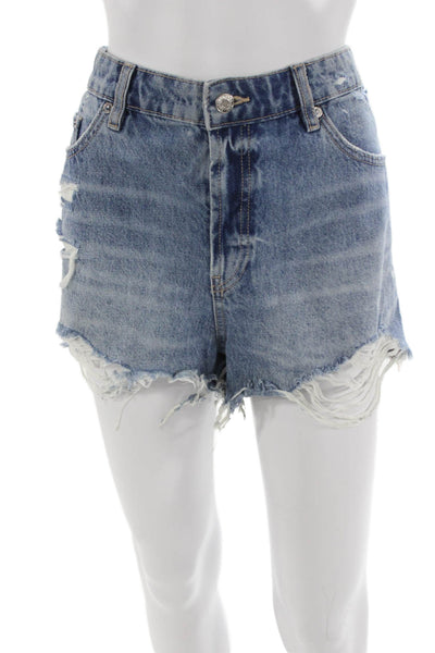 Zara Womens 90s Blue Cotton Button Shorts Size 14