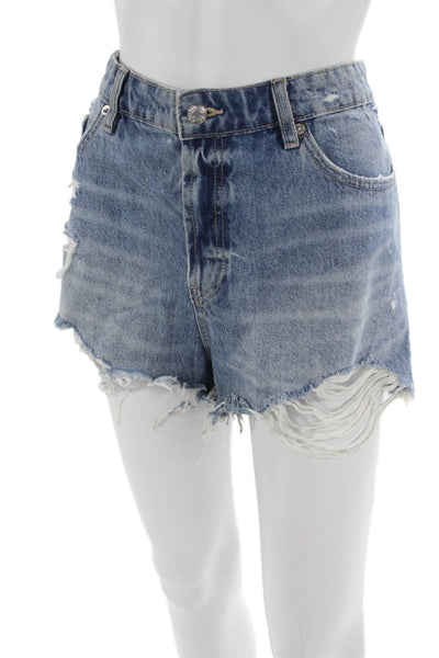 Zara Womens 90s Blue Cotton Button Shorts Size 14