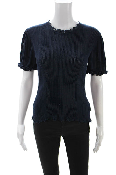 Ulla Johnson Women Dark Blue Cotton Crew Neck Short Sleeve Top Designer Size M