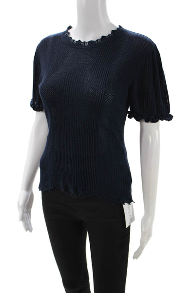Ulla Johnson Women Dark Blue Cotton Crew Neck Short Sleeve Top Designer Size M