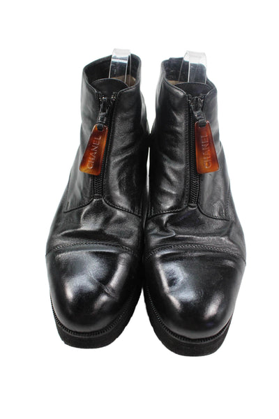 Chanel Womens Leather Platform Ankle Boots Black Size 8.5