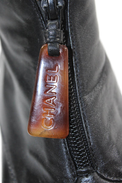 Chanel Womens Leather Platform Ankle Boots Black Size 8.5