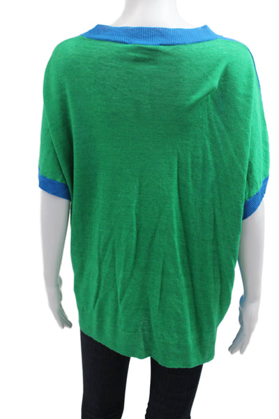 Eolas Womens Solid Blue 100% Linen Crew Neck Short Sleeve Top Size L