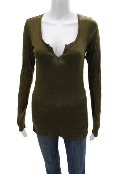 Michael Stars Women Basic Green V-Neck Long Sleeve T-Shirt Size One Size