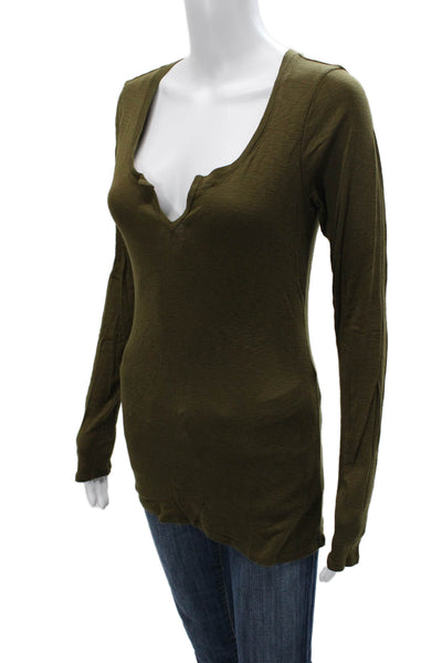 Michael Stars Women Basic Green V-Neck Long Sleeve T-Shirt Size One Size
