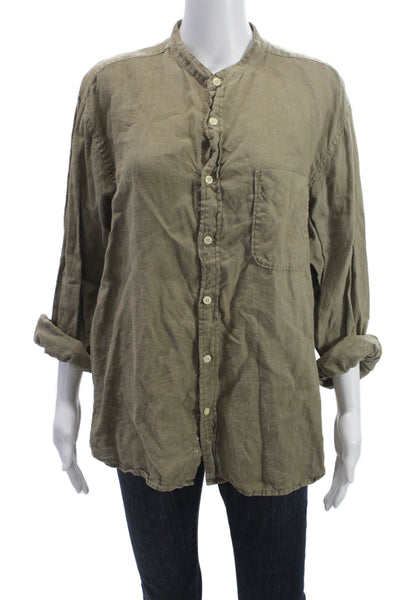 J Crew Women High Neck Linen Button Up Long Sleeve Green Army Size L