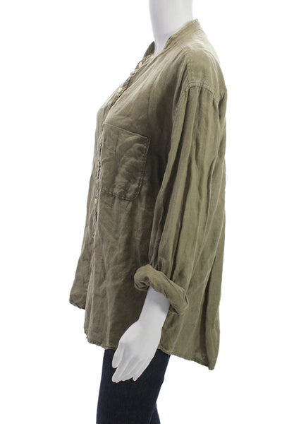 J Crew Women High Neck Linen Button Up Long Sleeve Green Army Size L