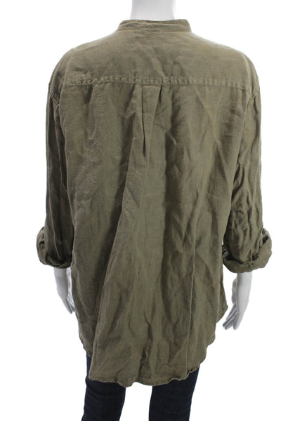 J Crew Women High Neck Linen Button Up Long Sleeve Green Army Size L