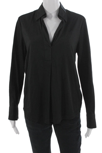 XACUS Women Black Basic Cotton Modal Long Sleeve Collared Button Blouse Size 40