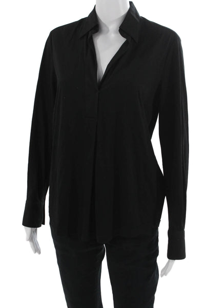 XACUS Women Black Basic Cotton Modal Long Sleeve Collared Button Blouse Size 40