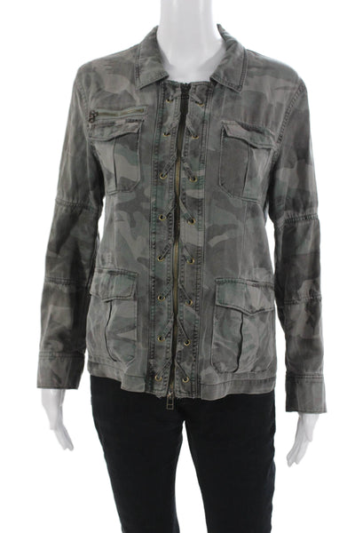 Pam & Gela Women Military Jacket Camouflage Dark Gray Tencel Size S