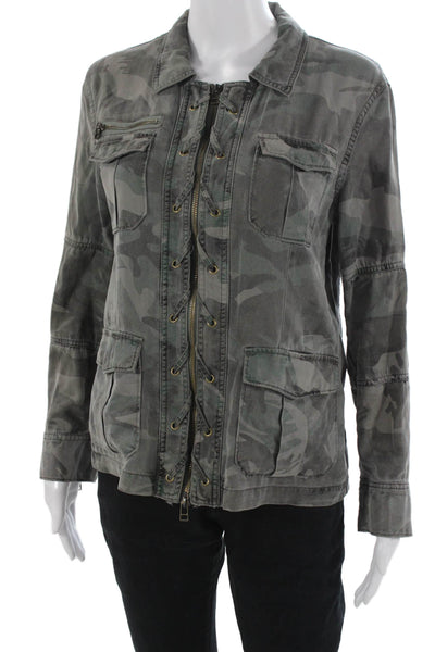 Pam & Gela Women Military Jacket Camouflage Dark Gray Tencel Size S