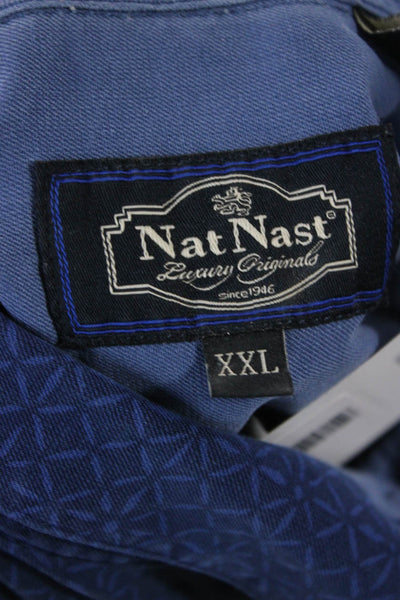 Nat Nast Mens Silk Geometric Short Sleeve Button-Down Shirt Blue Size 2XL
