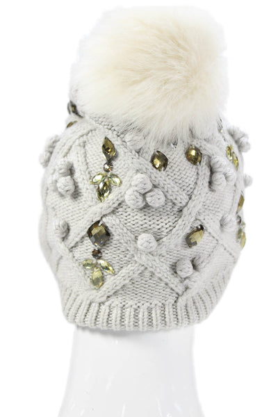 Club Monaco Womens Knit Pom Pom Accent Rhinestoned Beanie Gray One Size