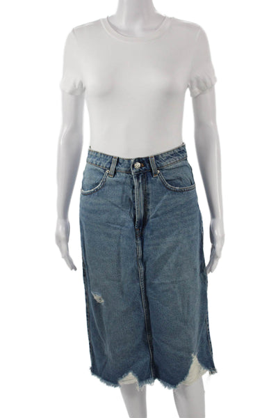 Zara Womens Straight Pencil Skirt Blue Cotton Blend Knee Length Size S