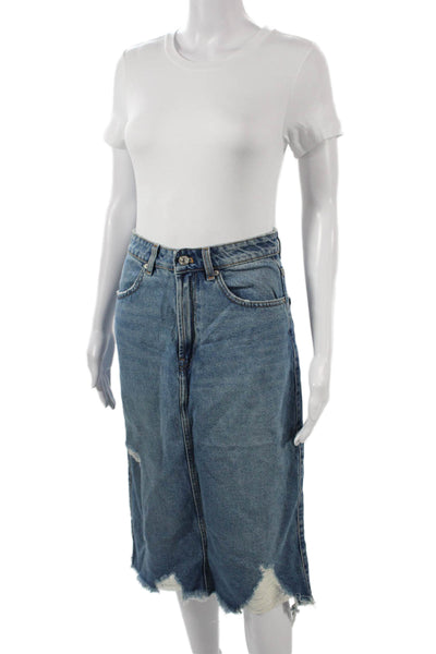 Zara Womens Straight Pencil Skirt Blue Cotton Blend Knee Length Size S