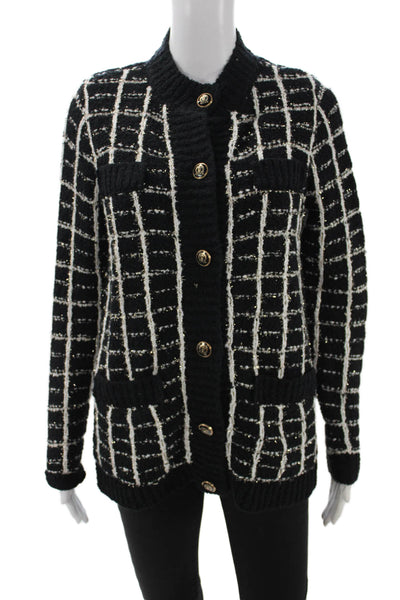 Ann Taylor Women Cardigan Black Mock Neck Check Button Size S