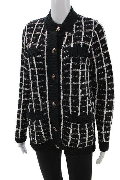 Ann Taylor Women Cardigan Black Mock Neck Check Button Size S
