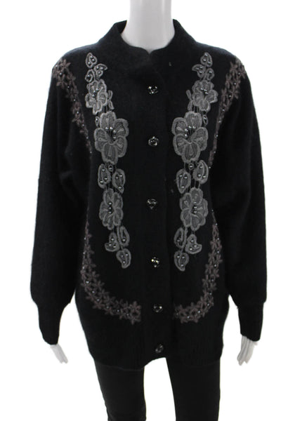 Gizel Women Black Floral Mock Neck Button Cardigan Long Sleeve Size 1