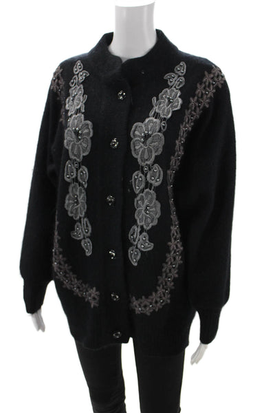 Gizel Women Black Floral Mock Neck Button Cardigan Long Sleeve Size 1