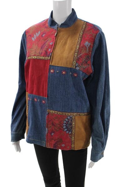 Alfred Dunner Womens Blue Floral Mock Neck Long Sleeve Jacket Size 8