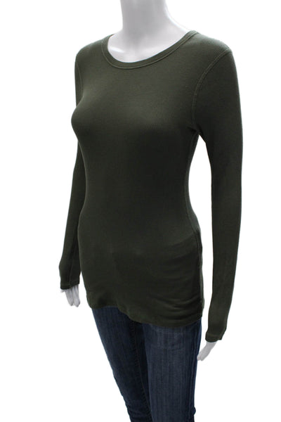 Three Dots Womens Basic T-Shirt Green Long Sleeve Crew Neck Size S