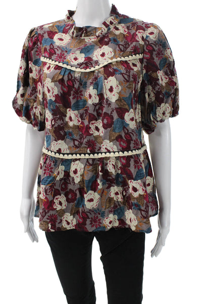 Entro Womens Bohemian Floral High Neck Short Sleeve Blouse Blue Size L