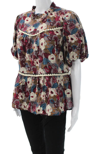 Entro Womens Bohemian Floral High Neck Short Sleeve Blouse Blue Size L