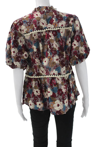 Entro Womens Bohemian Floral High Neck Short Sleeve Blouse Blue Size L