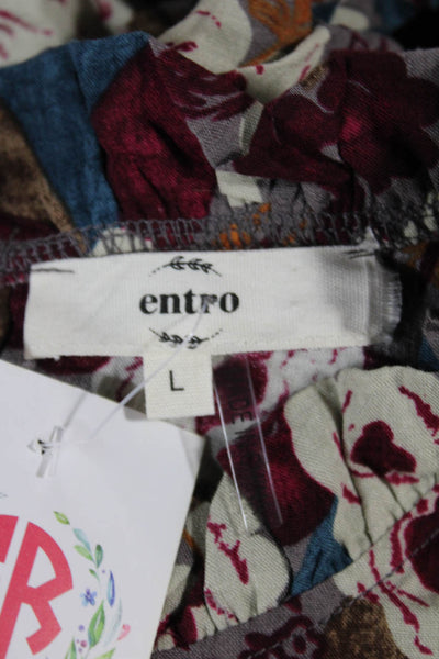 Entro Womens Bohemian Floral High Neck Short Sleeve Blouse Blue Size L