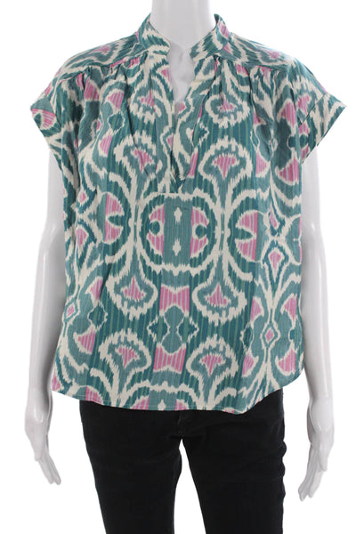 See U Soon Womens Green Geometric Bohemian Short Sleeve Blouse Size M