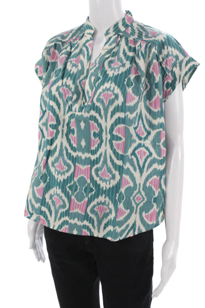 See U Soon Womens Green Geometric Bohemian Short Sleeve Blouse Size M