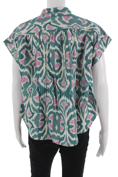 See U Soon Womens Green Geometric Bohemian Short Sleeve Blouse Size M