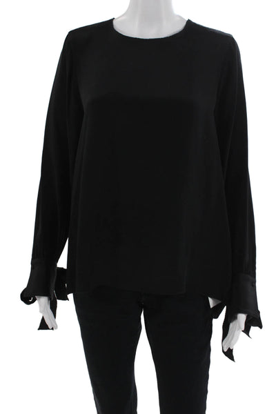 Ann Mashburn Women Black Solid Round Neck Button Long Sleeve Blouse Size M