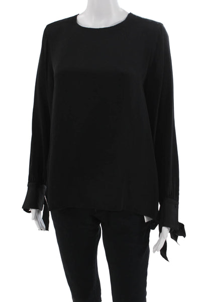 Ann Mashburn Women Black Solid Round Neck Button Long Sleeve Blouse Size M