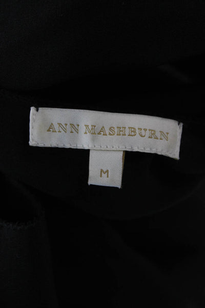 Ann Mashburn Women Black Solid Round Neck Button Long Sleeve Blouse Size M