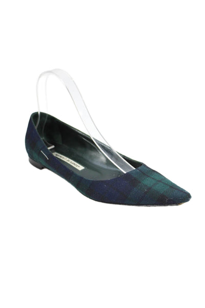 Manolo Blahnik Womens Plaid Print Pointed Toe Slip-On Flats Green Size 7