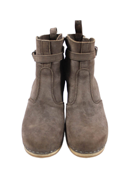 Swedish Hasbeens Womens Suede Buckled Heeled Ankle Boots Brown Size 10