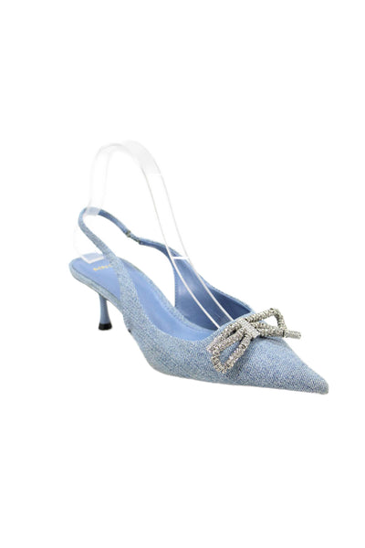 MNG Womens Denim Rhinestone Bow Accent Slingback Heels Blue Size 7