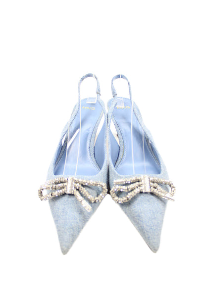 MNG Womens Denim Rhinestone Bow Accent Slingback Heels Blue Size 7