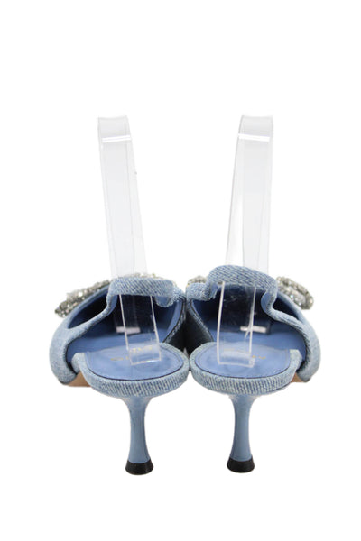 MNG Womens Denim Rhinestone Bow Accent Slingback Heels Blue Size 7