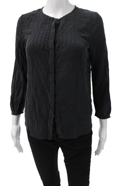 Madewell Women Black 100% Silk Button-Up Blouse Round Neck 3/4 Sleeve Size S