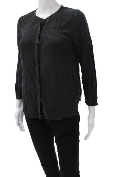 Madewell Women Black 100% Silk Button-Up Blouse Round Neck 3/4 Sleeve Size S