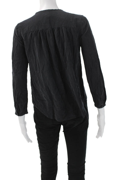 Madewell Women Black 100% Silk Button-Up Blouse Round Neck 3/4 Sleeve Size S
