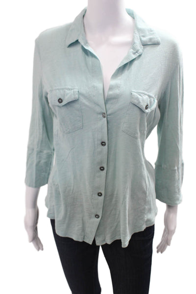 James Perse Women Light Blue Supima Cotton Collared Button-Up 3/4 Sleeve Size 4