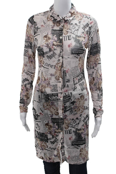 Almost Famous Women Tunic Button-Up Collared Long Sleeve White Graphic Size L
