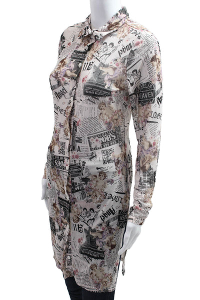Almost Famous Women Tunic Button-Up Collared Long Sleeve White Graphic Size L