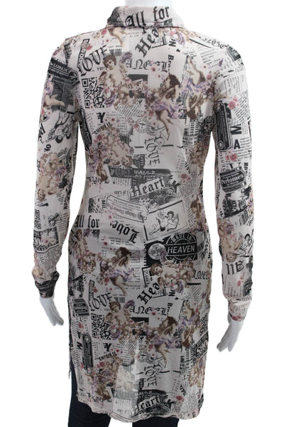 Almost Famous Women Tunic Button-Up Collared Long Sleeve White Graphic Size L